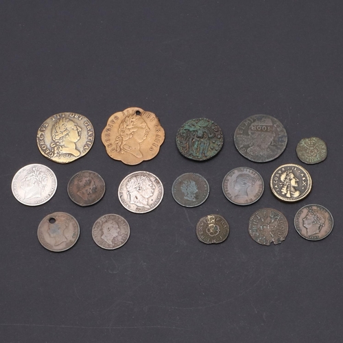 740 - A CHARLES I COPPER FARTHING AND OTHER COINS. A Charles I copper farthing, Rose type, another similar... 