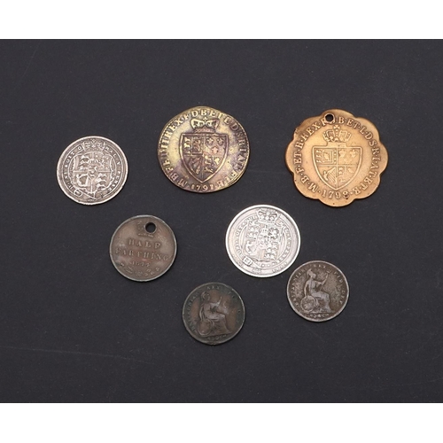 740 - A CHARLES I COPPER FARTHING AND OTHER COINS. A Charles I copper farthing, Rose type, another similar... 