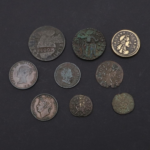 740 - A CHARLES I COPPER FARTHING AND OTHER COINS. A Charles I copper farthing, Rose type, another similar... 