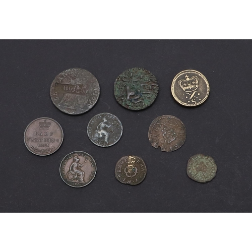 740 - A CHARLES I COPPER FARTHING AND OTHER COINS. A Charles I copper farthing, Rose type, another similar... 