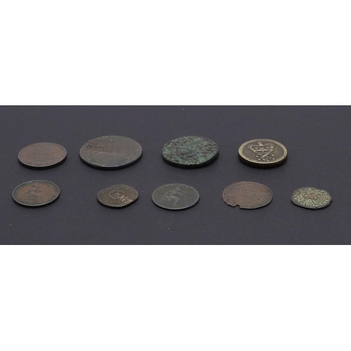 740 - A CHARLES I COPPER FARTHING AND OTHER COINS. A Charles I copper farthing, Rose type, another similar... 