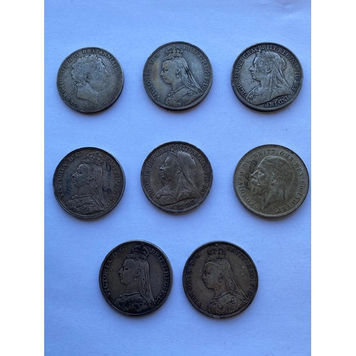 741 - A COLLECTION OF EIGHT CROWNS, GEORGE III AND LATER. Crowns: Geroge III, 1820, rim obscures, Victoria... 