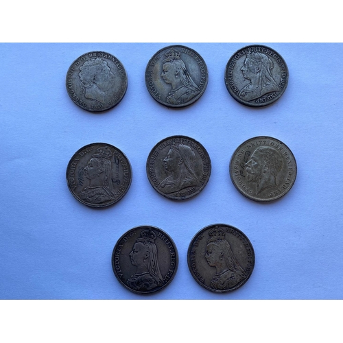 741 - A COLLECTION OF EIGHT CROWNS, GEORGE III AND LATER. Crowns: Geroge III, 1820, rim obscures, Victoria... 