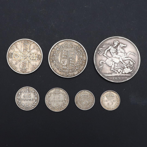 745 - A SMALL COLLECTION OF VICTORIAN SILVER COINAGE INCLUDING AN 1892 CROWN. Queen Victoria: Crown 1892, ... 