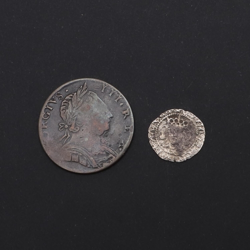 746 - AN EARLY HAAMMERED SILVER PENNY AND GEORGE III HALF PENNY. An obscured silver penny, probably Edward... 