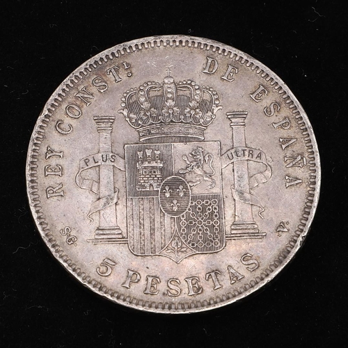 747 - A GEORGE V SHILLING, 1914 AND A SPANISH 5 PESETAS 1897. A George V Shilling, bare head, l. reverse d... 