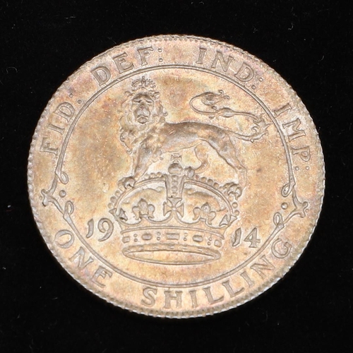 747 - A GEORGE V SHILLING, 1914 AND A SPANISH 5 PESETAS 1897. A George V Shilling, bare head, l. reverse d... 