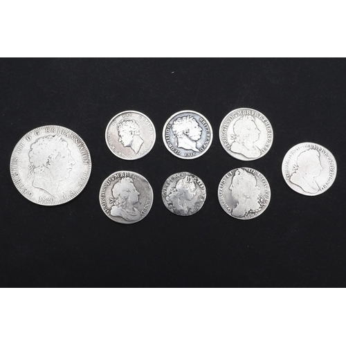 757 - A SMALL COLLECTION OF EARLY MILLED COINS TO INCLUDE SOUTH SEAS COMPANY MARKED SHILLINGS AND OTHERS. ... 