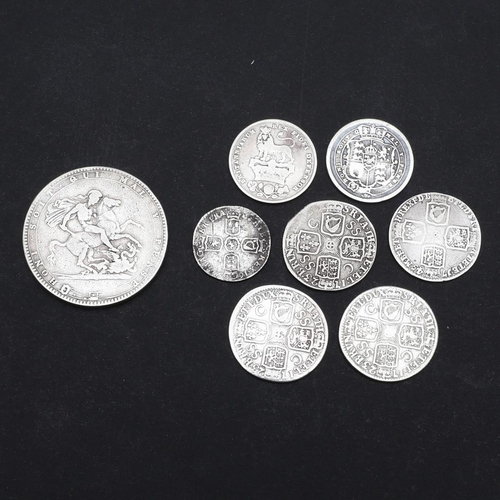 757 - A SMALL COLLECTION OF EARLY MILLED COINS TO INCLUDE SOUTH SEAS COMPANY MARKED SHILLINGS AND OTHERS. ... 