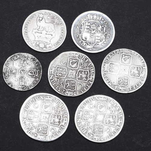 757 - A SMALL COLLECTION OF EARLY MILLED COINS TO INCLUDE SOUTH SEAS COMPANY MARKED SHILLINGS AND OTHERS. ... 