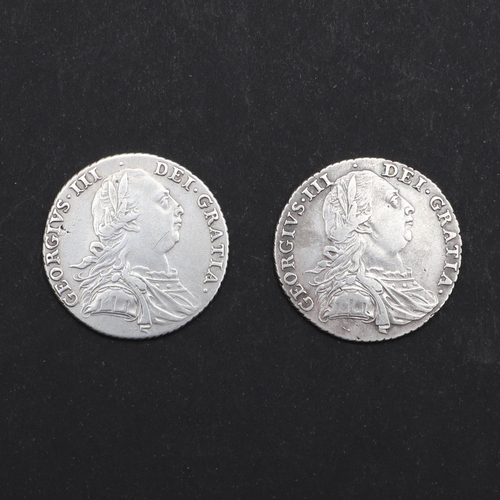 759 - TWO GEORGE III SHILLINGS, 1787. Two George III Shillings, bare head r. reverse with and without seme... 