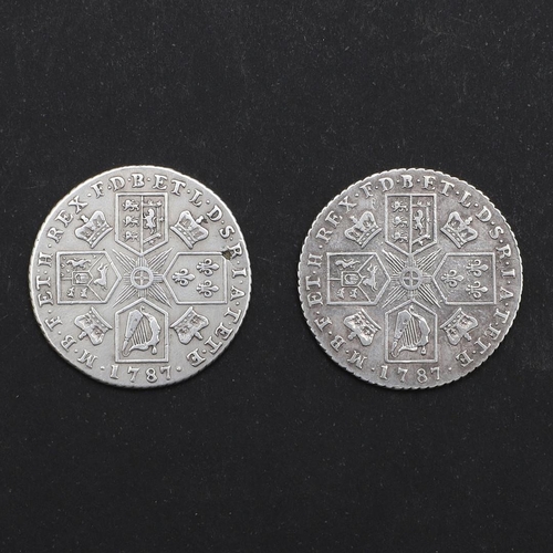 759 - TWO GEORGE III SHILLINGS, 1787. Two George III Shillings, bare head r. reverse with and without seme... 