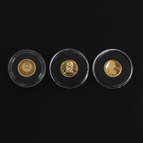 878 - THREE MINIATURE GOLD COINS. 2006. Three miniature gold coins from the 'small gold coins of the world... 