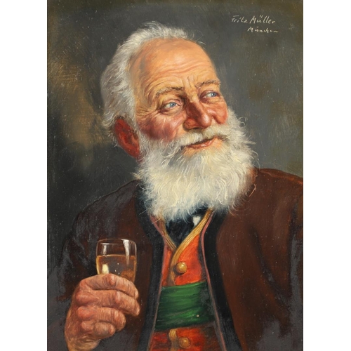 100 - FRITZ MULLER (1913-1972). THE CHEERFUL DRINKER. (d) Signed and inscribed `Munchen`, oil and sgraffit... 