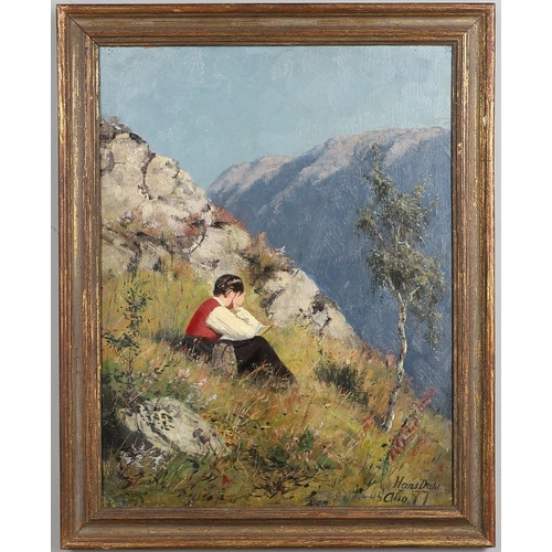 105 - HANS DAHL (1849-1937). A GIRL READING ON A SUNLIT HILLSIDE. Signed and dated `Aug 77`, oil on canvas... 