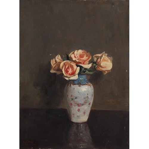 106 - HANS ANDREAS DAHL (1881-1919). A VASE OF PINK ROSES. Signed and dated `H. A. Dahl/ 29.6.1915`, oil o... 