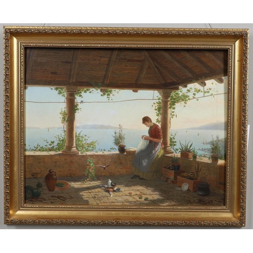 107 - CARL VON KRATZER (1827-1903). A LADY SEWING ON A BALCONY, ITALIAN COAST. Signed and dated 1891, oil ... 