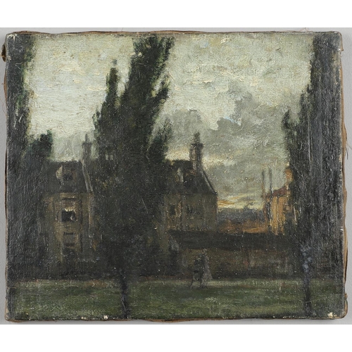 133 - SIR DAVID MUIRHEAD BONE (1876-1953). HOUSES AT TWILIGHT; FIGURE ON A LEAFY SUMMER LANE. Two, oil on ... 