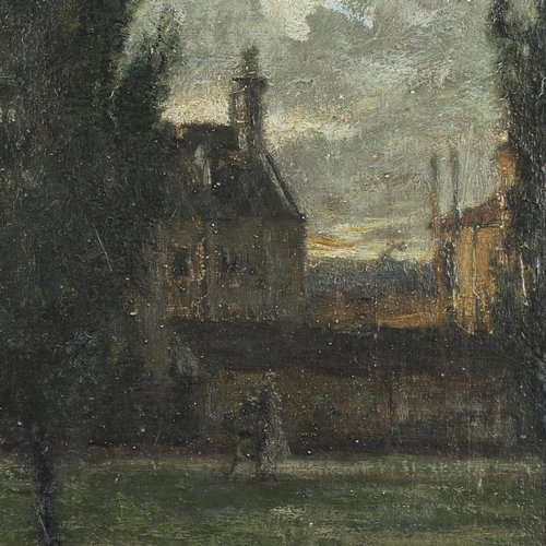 133 - SIR DAVID MUIRHEAD BONE (1876-1953). HOUSES AT TWILIGHT; FIGURE ON A LEAFY SUMMER LANE. Two, oil on ... 