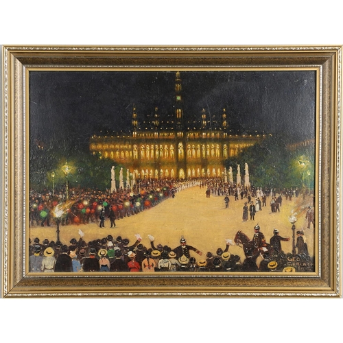 137 - GEORGE GERLACH (1874-1962). CROWDS IN A CITY SQUARE AT NIGHT (AUSTRIA?) Signed and dated 1915, bears... 