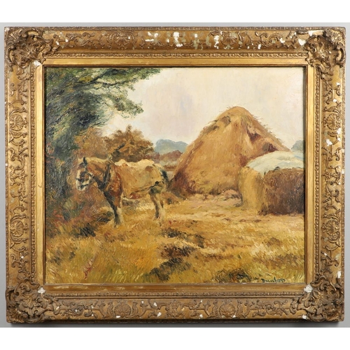 139 - RONALD OSSORY DUNLOP, RA (1894-1973). A FARM HORSE BY HAYSTACKS IN A FIELD. (d) Signed, oil on canva... 