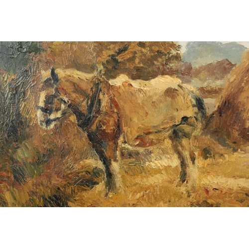 139 - RONALD OSSORY DUNLOP, RA (1894-1973). A FARM HORSE BY HAYSTACKS IN A FIELD. (d) Signed, oil on canva... 