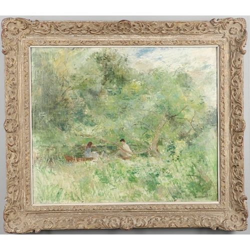 144 - ELINOR BELLINGHAM-SMITH (1906-1988). TWO FIGURES IN A PUNT IN A DAPPLED GLADE. (d) Signed with initi... 