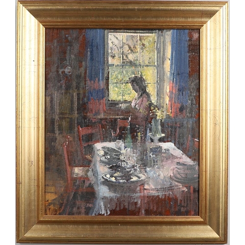 152 - PETER KUHFELD, NEAC (B.1952). CATHRYN IN THE DINING ROOM, WOMENSWOLD. (d) Signed and inscribed with ... 