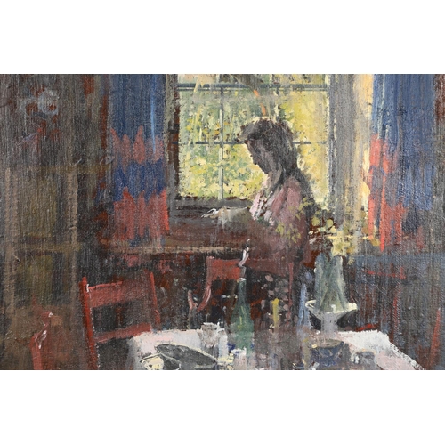 152 - PETER KUHFELD, NEAC (B.1952). CATHRYN IN THE DINING ROOM, WOMENSWOLD. (d) Signed and inscribed with ... 