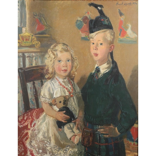 157 - PAUL WYETH (1920-1983). PORTRAIT OF IAIN AND PATRICIA IN A NURSERY SETTING. (d) Signed and dated 53,... 