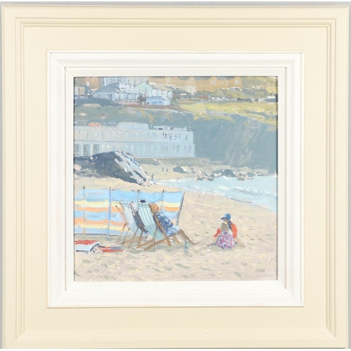 161 - IAN CRYER (B.1959). BEACH SCENE. (d) Oil on prepared board
29 x 29cm.  *Condition:  Good condition.