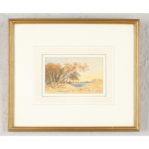 21 - JOHN VARLEY (1778-1842). LANDSCAPE SCENE WITH CATTLE AND SHEEP, WINDMILL BEYOND. Signed, watercolour... 