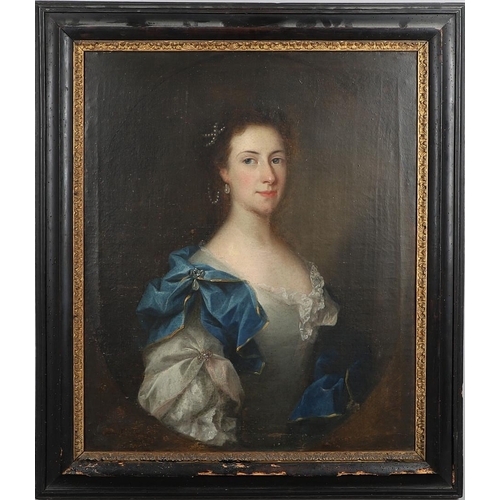 62 - JOHN VANDERBANK (1694-1739). His circle. PORTRAIT OF MRS SIMON KERRICH (nee MANNING). Quarter length... 