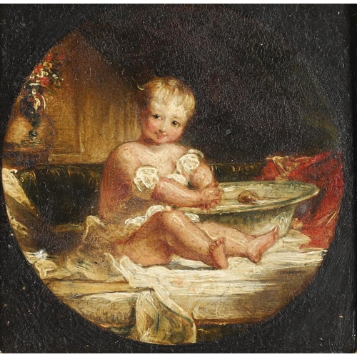 66 - RICHARD WESTALL, RA (1765-1836). His circle. PORTRAIT OF AN INFANT, SEATED BY A BATHTUB. Oil on pane... 