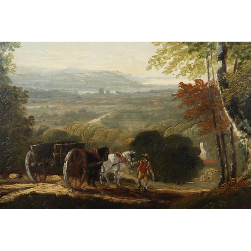 72 - GEORGE BARRETT JUNIOR (C.1767-1842). Follower of. A MAN WITH HORSE AND CART DESCENDING INTO A VALE. ... 