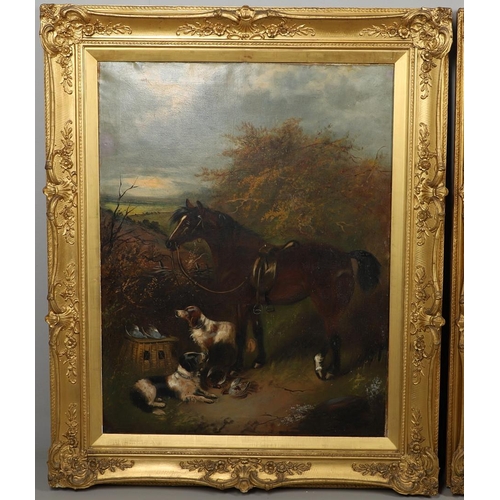 76 - J** MORRIS (FL.C.1880-1910). SPANIELS WITH A PONY AND THE DAY'S BAG. A pair, both signed, oil on can... 