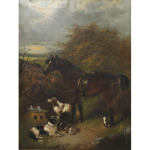 76 - J** MORRIS (FL.C.1880-1910). SPANIELS WITH A PONY AND THE DAY'S BAG. A pair, both signed, oil on can... 