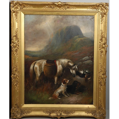 76 - J** MORRIS (FL.C.1880-1910). SPANIELS WITH A PONY AND THE DAY'S BAG. A pair, both signed, oil on can... 