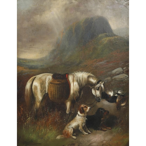 76 - J** MORRIS (FL.C.1880-1910). SPANIELS WITH A PONY AND THE DAY'S BAG. A pair, both signed, oil on can... 