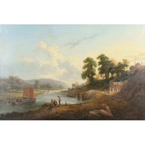 78 - WILLIAM WILLIAMS OF PLYMOUTH (1808-1895). FIGURES BY A RIVER, PROBABLY A SCENE IN DEVON. Oil on canv... 