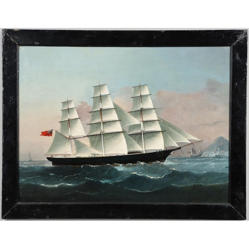 87 - LAI SUNG (FL.1850-1885). His circle. A CLIPPER UNDER FULL SAIL, FLYING THE RED ENSIGN, IN COASTAL WA... 