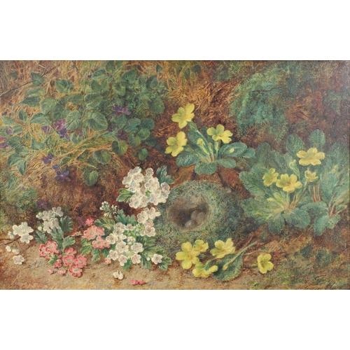 92 - GEORGE CLARE (1835-1890). PRIMROSES AND A BIRD'S NEST BY A MOSSY BANK. Signed, oil on canvas
29.5 x ... 