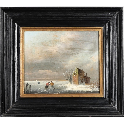 95 - DUTCH SCHOOL, LATE 19TH CENTURY. A FROZEN RIVER LANDSCAPE WITH SKATERS. Signed indistinctly (`Ap. Cr... 