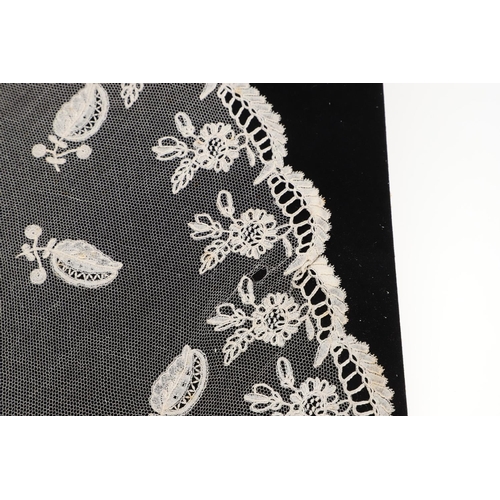 537 - QUEEN VICTORIA INTEREST - HONITON LACE BERTHA. A 19thc Honiton lace bertha, mounted on a piece of bl... 