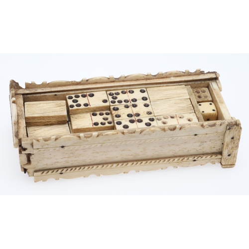 543 - 19THC PRISONER OF WAR BOXED BONE DOMINOES & CRIBBAGE MARKER. 19thc, a full set of carved bone domino... 