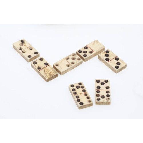 543 - 19THC PRISONER OF WAR BOXED BONE DOMINOES & CRIBBAGE MARKER. 19thc, a full set of carved bone domino... 