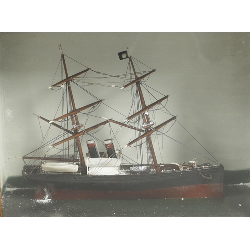 544 - CASED ANTIQUE MODEL BOAT. A wooden and painted model of a boat or schooner, with two masts and one w... 