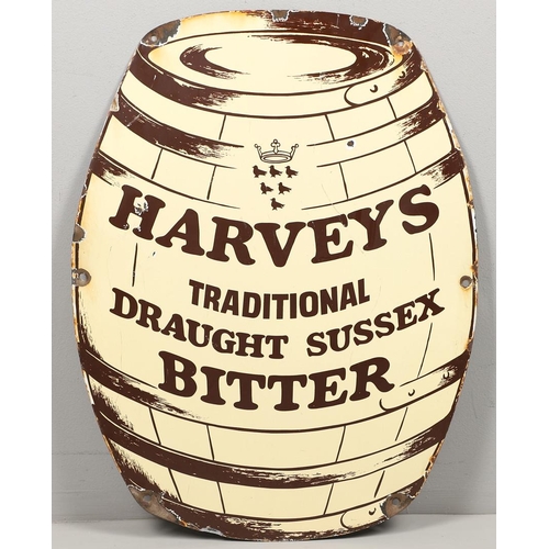 546 - VINTAGE ENAMEL ADVERTISING SIGN - HARVEYS BITTER, SUSSEX. A vintage barrel shaped sign white brown l... 