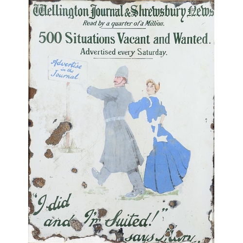 550 - VINTAGE ENAMEL ADVERTISING SIGN - WELLINGTON JOURNAL & SHREWSBURY NEWS. A vintage pictorial enamel s... 