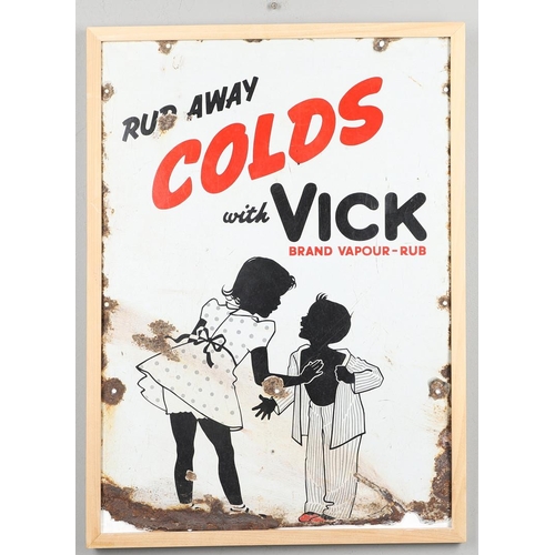 552 - VINTAGE ENAMEL ADVERTISING SIGN - VICK VAPOUR RUB. A vintage pictorial sign, 'Rub away Colds with Vi... 